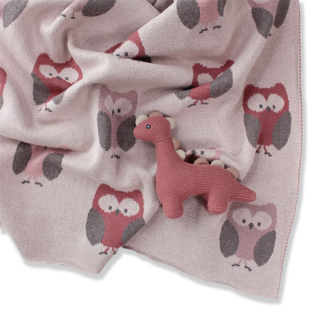 Owls Cotton Knit Stroller Blanket - Pink