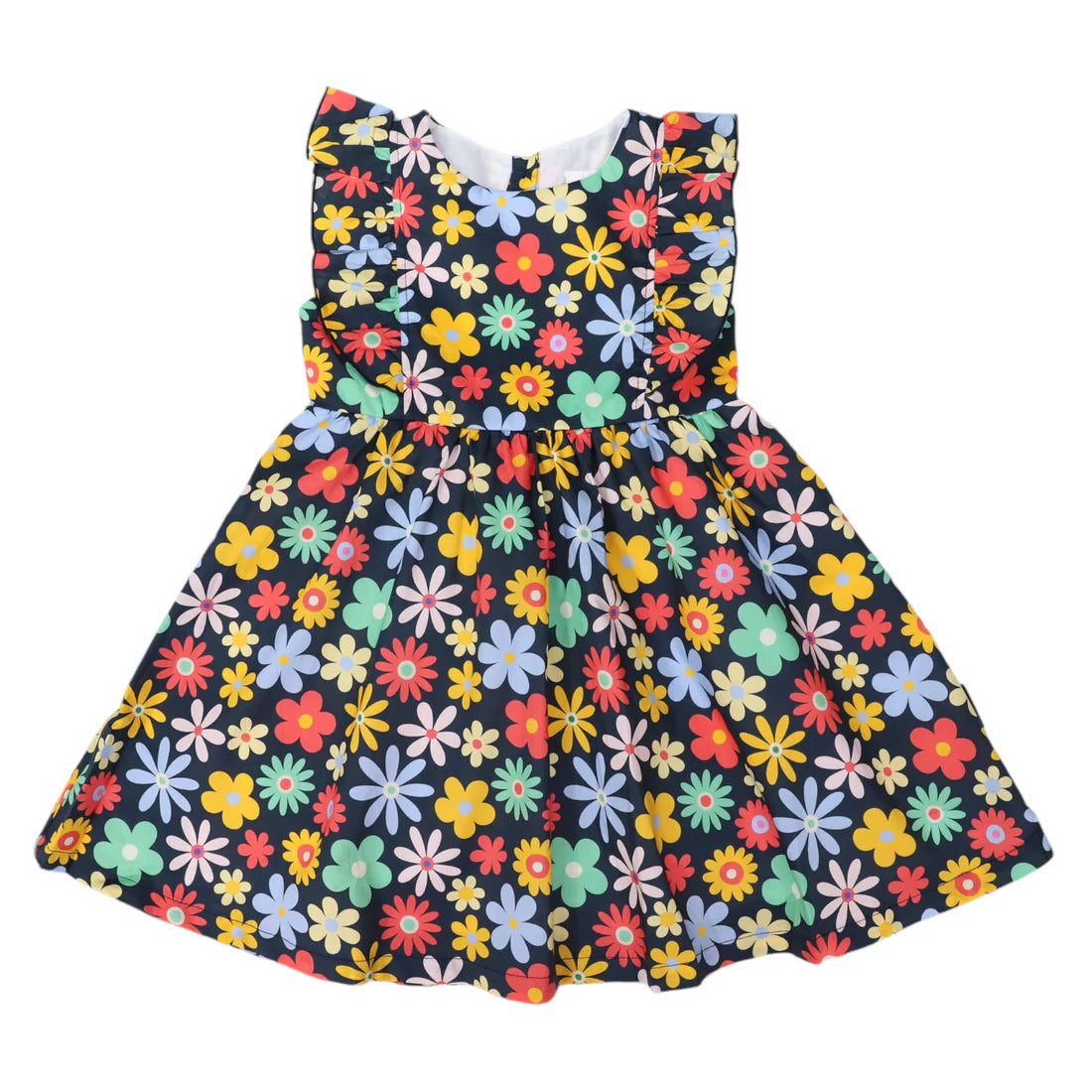 Flower Print Woven Frill Dress - Navy