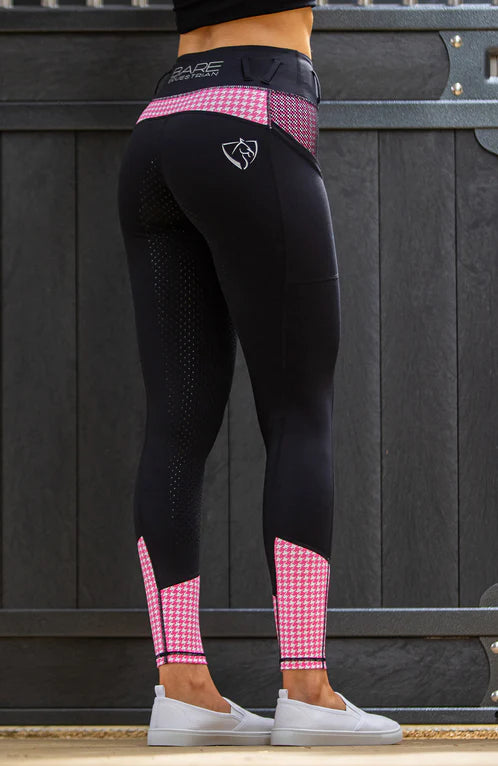 BARE Performance Riding Tights - Black with Pink Houndstooth