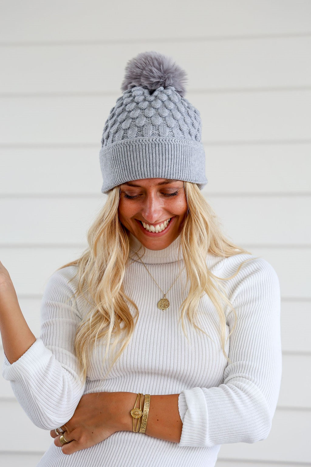 Scalloped Beanie with Pom Pom